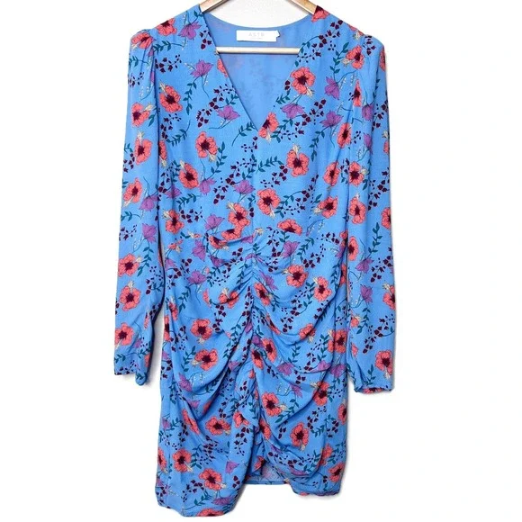 ASTR the Label Vibrant Blue Floral Ruched V-Neck Long Sleeve Mini Dress Womens M - Picture 2 of 8